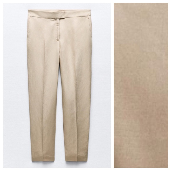 NWT. Zara Beige Viscose/Linen Blend Slim Fit High-Waisted Trousers. Size M. - Picture 4 of 9